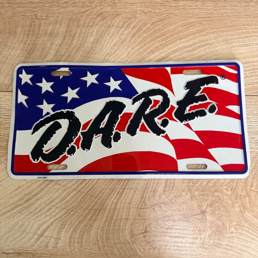 DARE American Flag USA License Plate Red White Blue Embossed Metal Tag